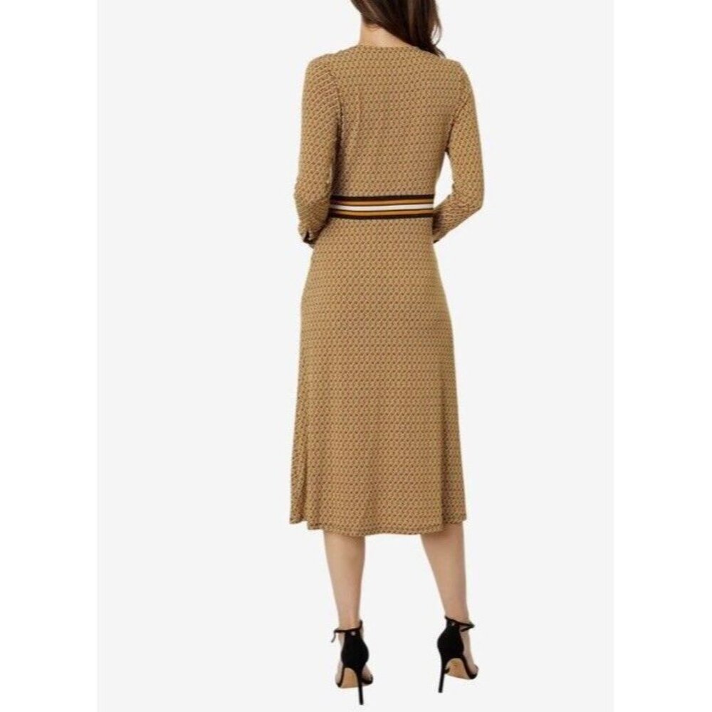 MICHAEL Michael Kors Tan Patterned Wrap Midi Dress with Black and White Stripes - Picture 2 of 11